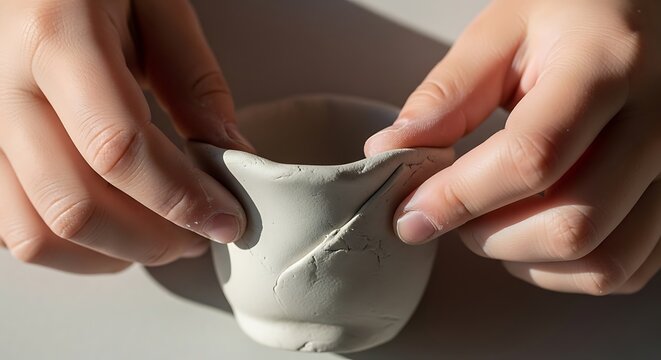Close up of human hands shaping a small white clay cup