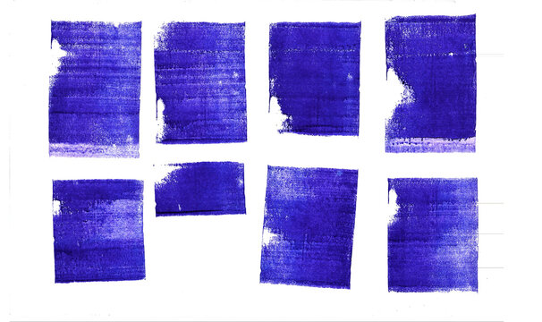 Set of vertical  blue violet ink stamp texture made by manual rolled brayer. Letter press grunge vintage rough rectangle shape. stamps manually brushing textures isolated on transparent background
