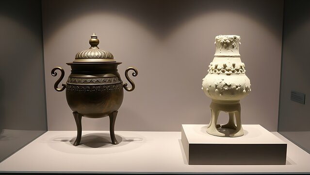 Bronze ritual vessel displayed next to its precise 3D-printed replica in a museum showcase.