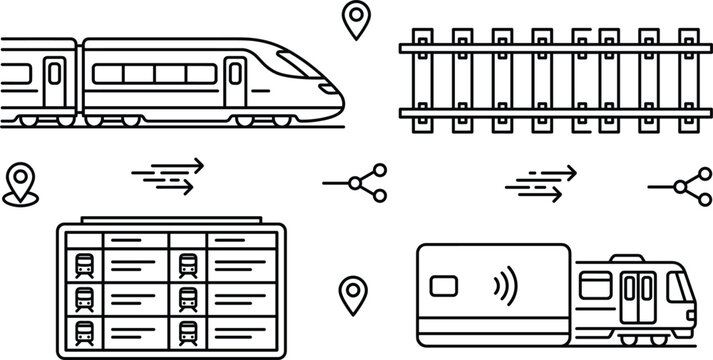 Railway Station High Speed Train Ticket Booking and Schedule Line Icon Vector Set