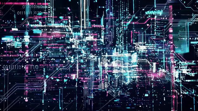 Abstract digital network with glowing data streams. Futuristic cyberspace technology background featuring binary code and circuit connections for information flow.