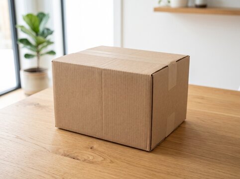 Closed Brown Cardboard Delivery Box Sitting on a Modern Wooden Table in a Bright Home Interior