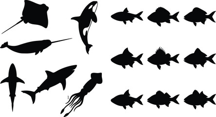 Marine Life Black Silhouette Vector Set Featuring Shark, Orca, Stingray, Narwhal, Squid, and Fish Icons for Ocean Pattern and Digital Design Layouts, (23 words) © shakil