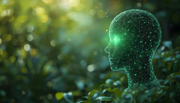 Futuristic digital human head wireframe on a green nature background. Glowing artificial intelligence profile over bokeh foliage. Sustainable technology and green computing concept.