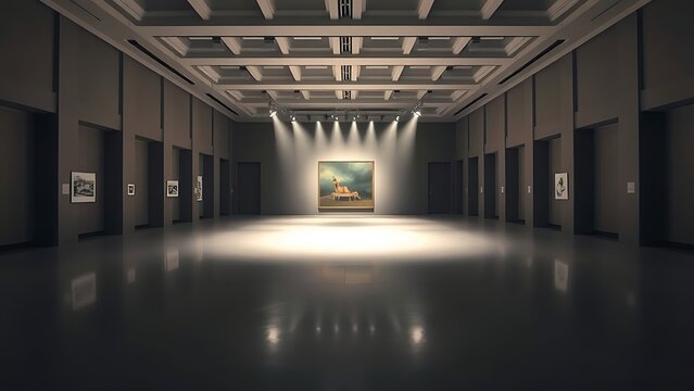 A spotlit artwork in an empty auction hall, minimalist architecture and dramatic lighting.