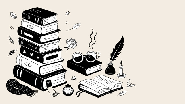 Quiet reading scene with book stack, quill pen and warm atmosphere &mdash; social media post