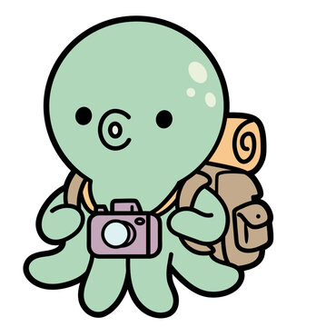 Explorer Octopus with Camera and Backpack Cartoon