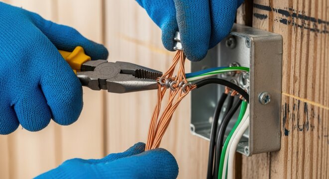 Hands stripping electrical wire with pliers
