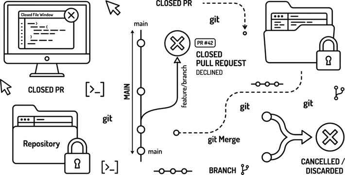 Git Closed Pull Request and Declined Repository Development Workflow Line Icon Vector Set