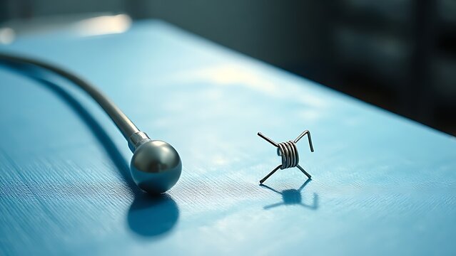 Slender balloon catheter and miniature stent on surgical tray, metallic shine.