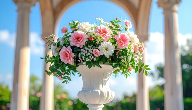 White urn overflows with pink and white roses, greenery, under blue sky, arches