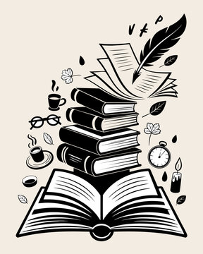 Narrative diagonal of reading with open book, book stack and ascending pages &mdash; social media post