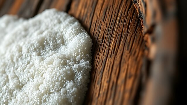 Close-up texture study of dark aged wood contrasted with creamy white foam.