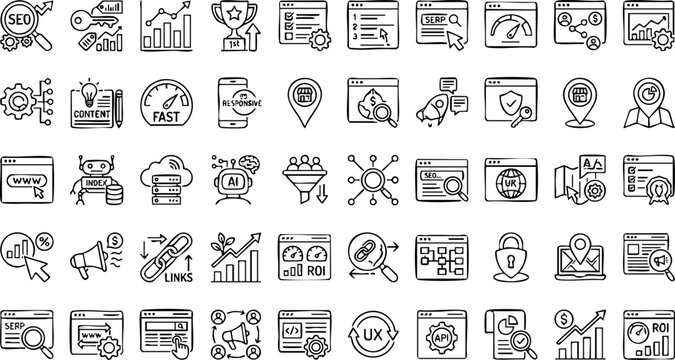 Set of hand drawn SEO and digital marketing line art icons with marketing optimization analytics