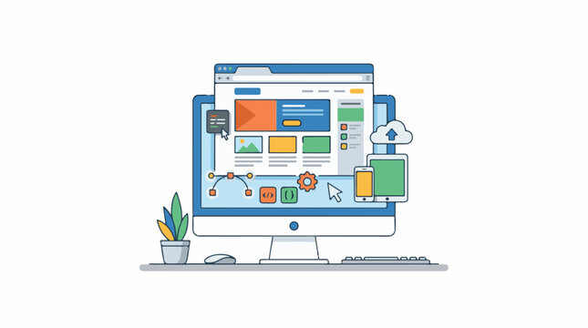 A computer monitor displaying a website design interface with various colorful elements and icons