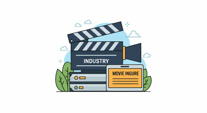 Animated film industry concept with clapperboard camera server and screen