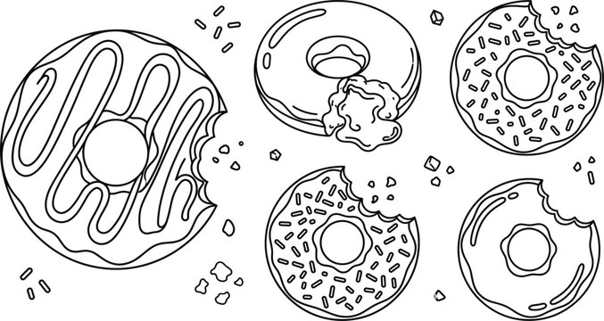 Sweet Glazed Donut with Sprinkles and Bitten Pastry Doodle Vector Line Art Collection