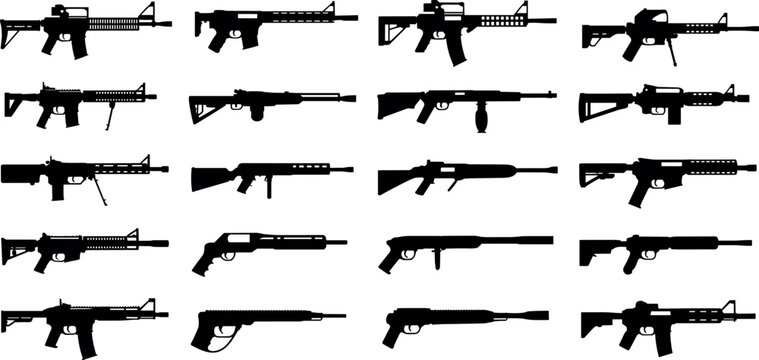 Military assault rifles and shotguns black silhouettes collection set isolated on white background vector illustration