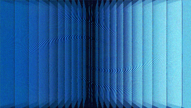 Abstract blue background with halftone pattern and vertical stripes, dynamic wavy texture, modern digital art design with gradient transition from dark to light blue
