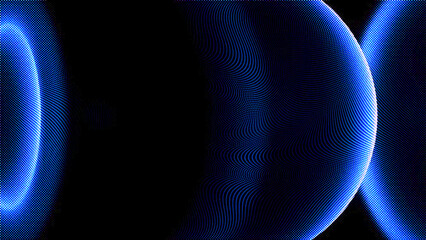 Abstract digital background with glowing blue particles forming curved wave shapes and spheres on a black background © Tofayel Ahmed