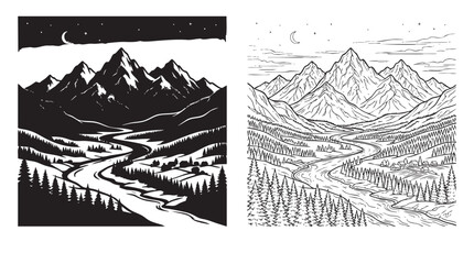 Fototapeta premium mountains landscape illustration with winding river at night