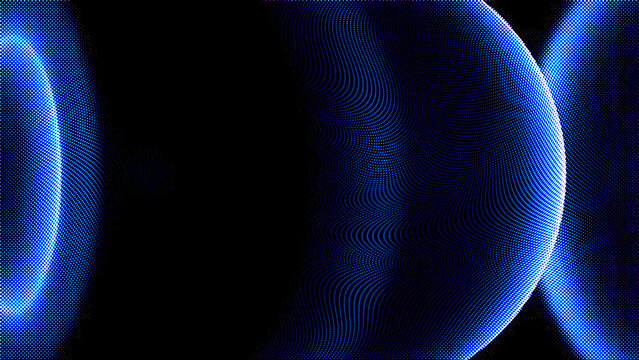 Abstract digital background with glowing blue particles forming curved wave shapes and spheres on a black background