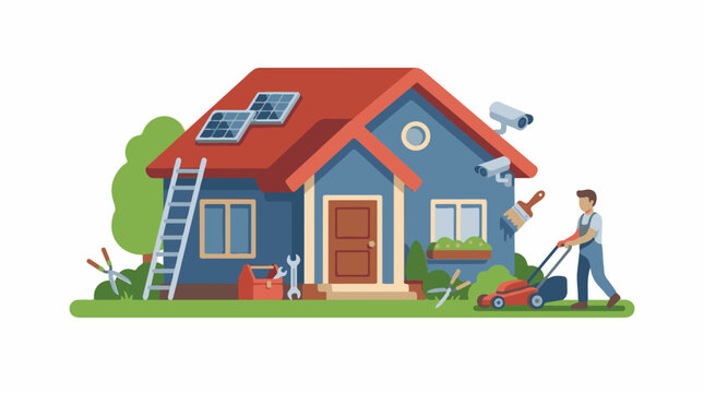 A man in overalls lawn mows in front of a blue house with red roof and solar panels