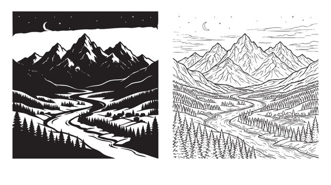 mountains landscape illustration with winding river at night