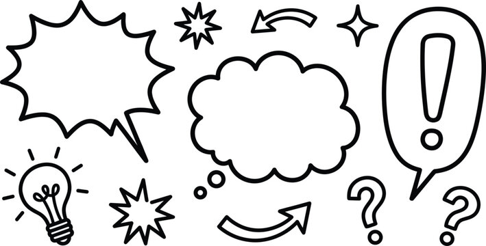 Comic Speech Bubble and Creative Idea Bulb Doodle Icon Set Vector Design Elements