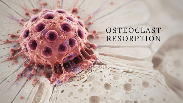 Osteoclast cell resorbing bone tissue in a biological process of bone remodeling and mineralized tissue degradation  osteoclast resorption
