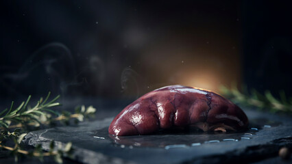 Fototapeta premium Raw kidney meat on a dark slate plate with herbs and water droplets on a dark background with warm light