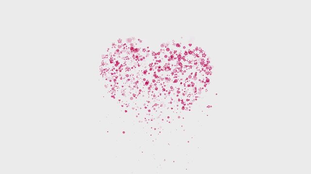 abstract pink heart silhouette forming from floating star flower and music particles on white background for valentine day wedding romance and love motion graphics