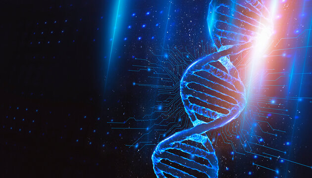 Futuristic DNA Strand with Digital Circuit Patterns and Orange Glow, Genetic Biotechnology Science Concept