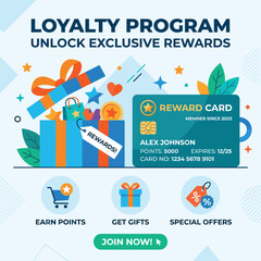 Naklejka premium Loyalty Program Reward Card With Gift Box