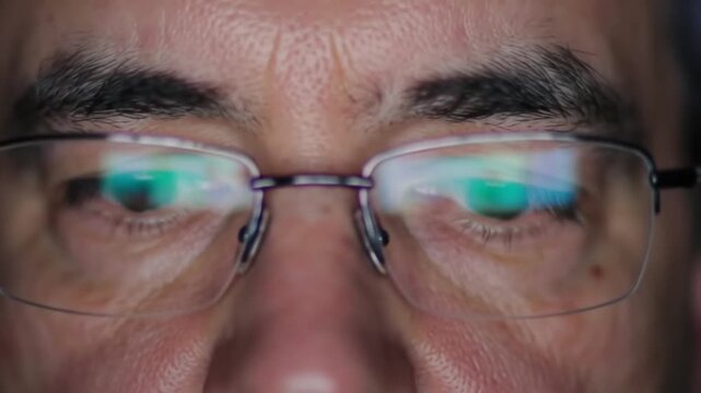 Male eyes with glasses reflecting binary computer code.