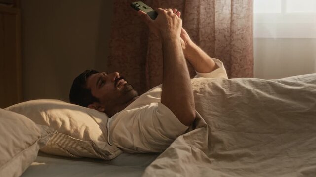Medium shot of Indian young man waking up in bed, reaching for smartphone, checking screen, and returning to sleep. For digital detox marketing or sleep health campaigns