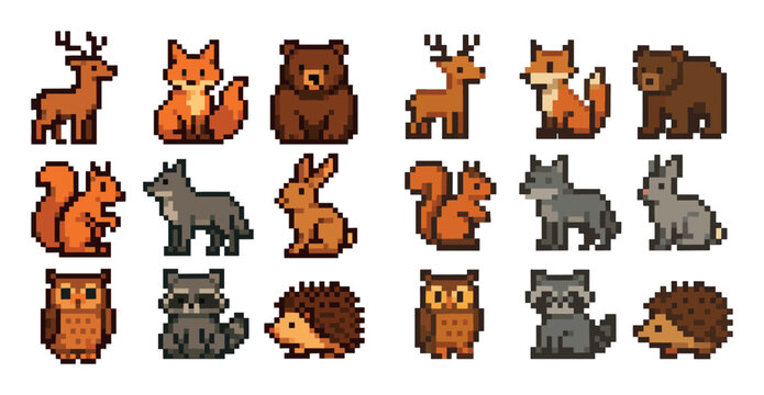 Animal icons with deer fox bear pixel
