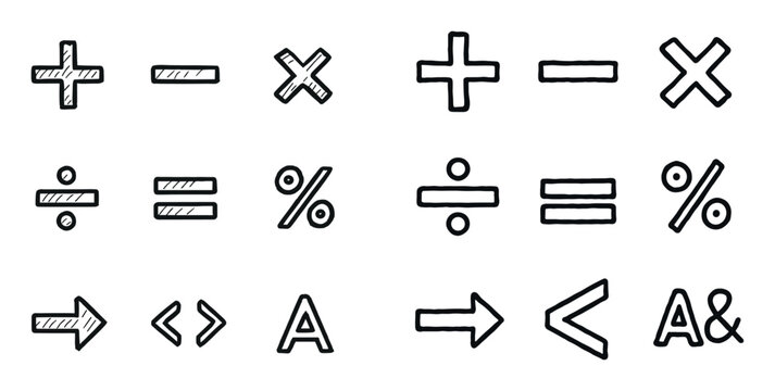 Math icons with plus minus percent outline