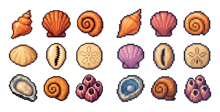 Seaside icons with shells oysters barnacles pixel