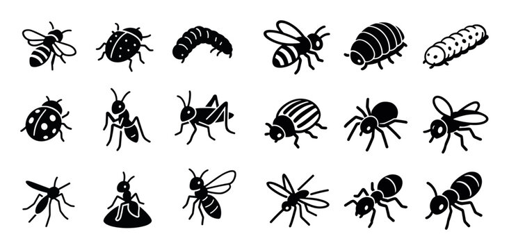 Insect icons with bee ant caterpillar silhouette