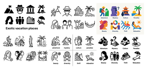 Obraz premium Travel icons with temple palm tree statue flat