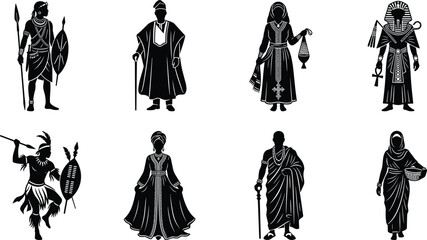 Fototapeta premium African traditional clothing and culture silhouette icon set featuring tribal warriors chiefs dancers and ancient Egyptian pharaoh vector illustrations