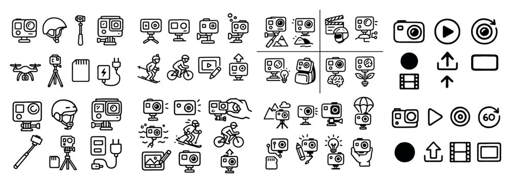 Adventure icons with camera drone tripod outline