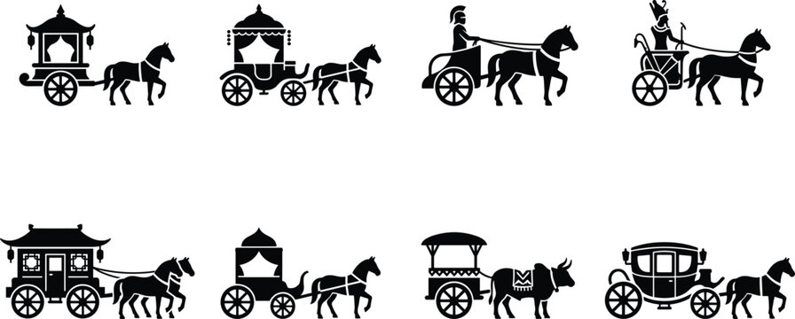 Ancient and traditional horse carriage vector silhouettes set featuring royal chariots eastern palanquins roman war chariot and ox cart