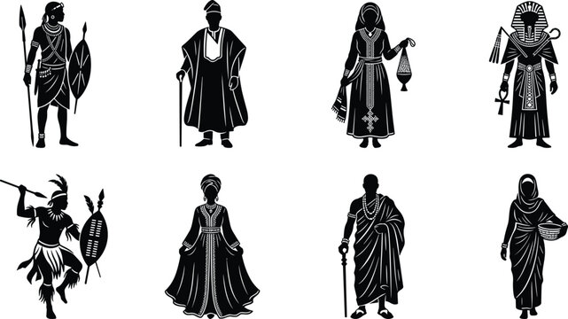 African traditional clothing and culture silhouette icon set featuring tribal warriors chiefs dancers and ancient Egyptian pharaoh vector illustrations