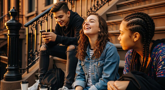 Teens sitting on front steps