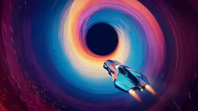 Spaceship flying into black hole. Sci-fi spacecraft traveling through wormhole in deep space. Cinematic exploration of futuristic galaxy, cosmos and space time.