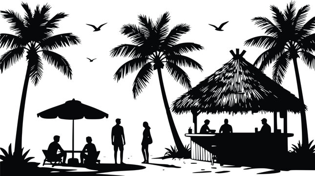 Beach bar silhouette vector with palm trees people relaxing under umbrella sitting at tropical cafe counter and birds flying on white background