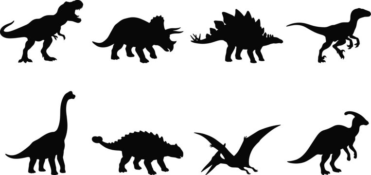 Dinosaur silhouette vector icon set featuring tyrannosaurus rex triceratops stegosaurus brachiosaurus ankylosaurus and pterodactyl prehistoric animal illustrations