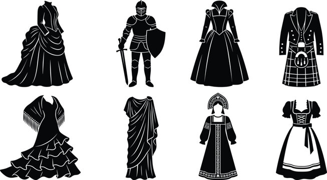 Historical and traditional clothing vector silhouettes set featuring medieval armor victorian gowns scottish kilt roman toga and european folk dresses